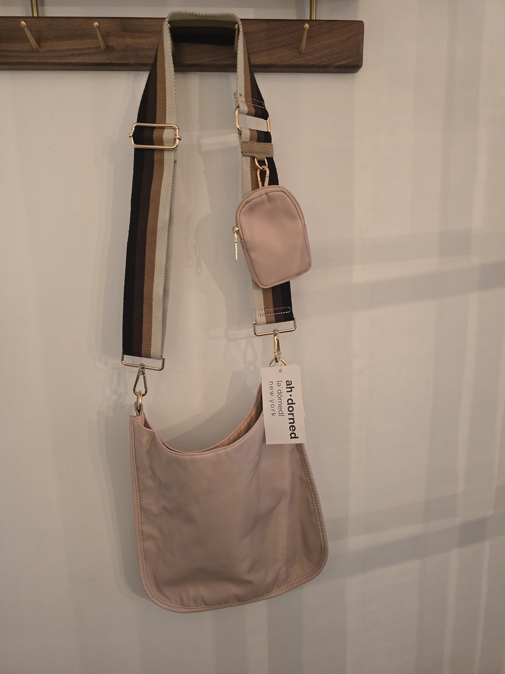 Soft Pink Crossbody Bag with Detachable Striped Strap